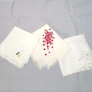 Lot of 3 Vintage Embroidered Lace Handkerchiefs - Floral & Heart Designs